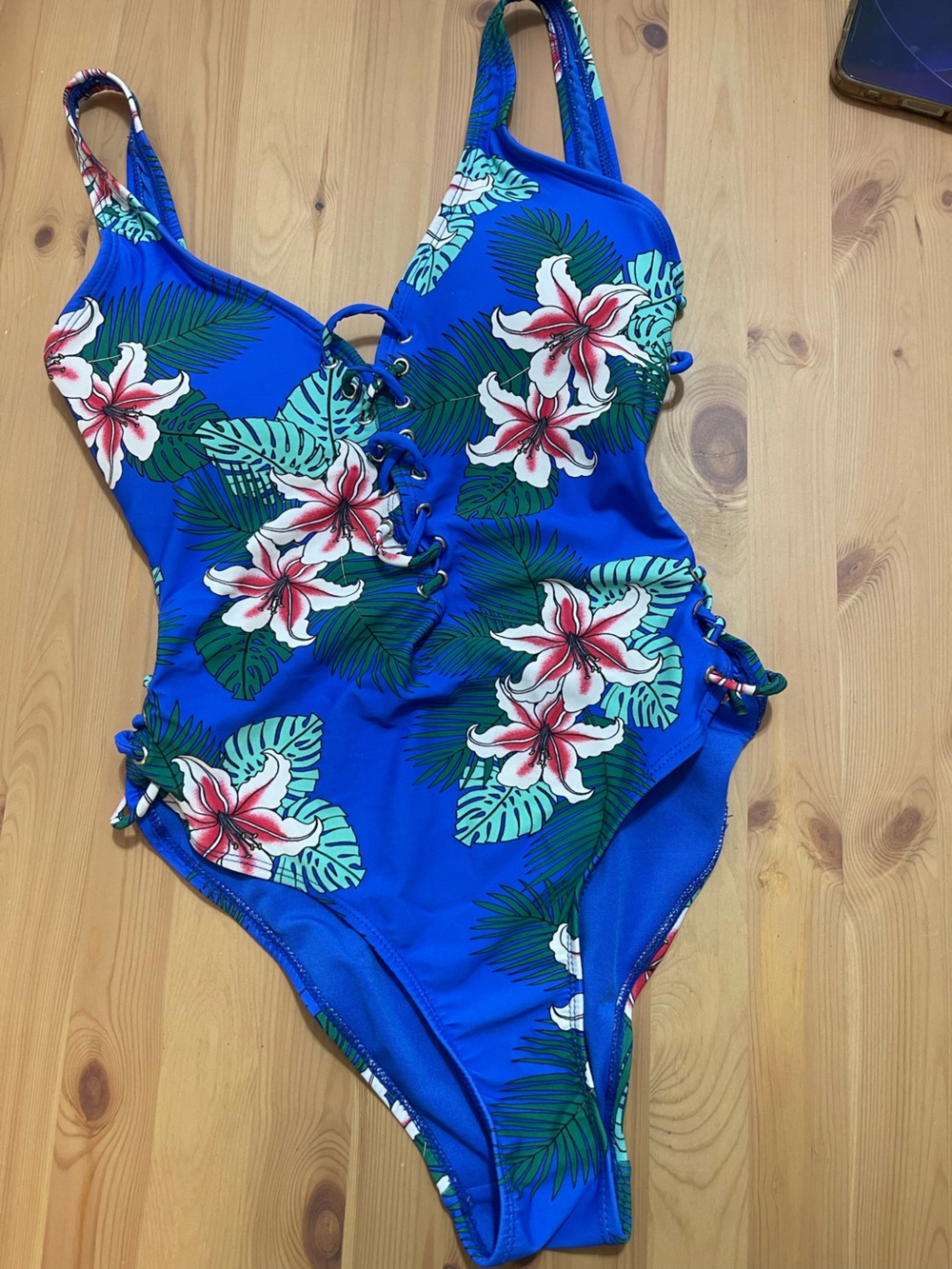 TiniBikini Blue Tropical Floral Lace-Up One-Piece